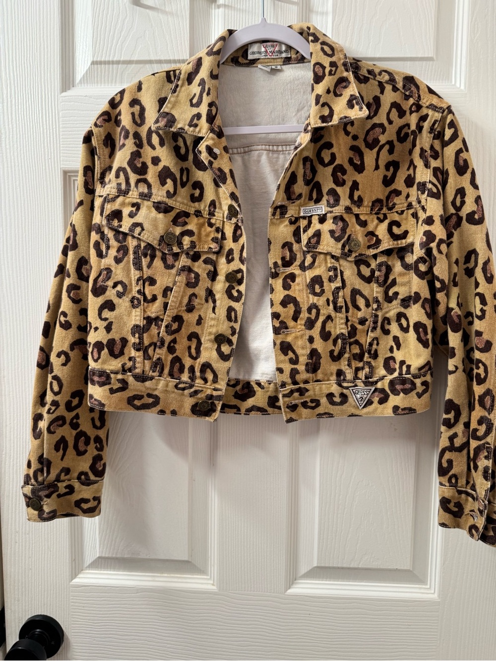 Vintage Guess Leopard Print Cropped Denim Jacket